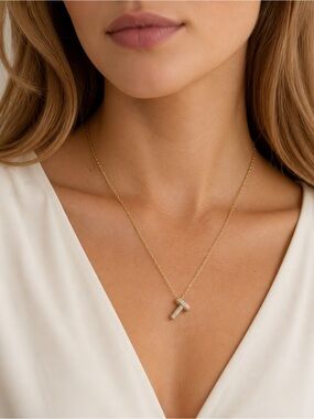 Possible Milor 925 Sterling Silver Gold Vermeil Pavé T Pendant Necklace 10inches